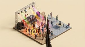 3D-Miniatur-Diorama eines Vergleichs: Links ein DJ, der eine volle Tanzfläche mit Lichteffekten begeistert; rechts ein einsames Smartphone auf einem Tisch vor einer leeren, grauen Fläche mit gelangweilten Gästen.