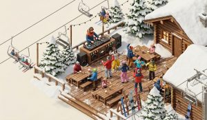 3D-Miniatur-Illustration einer Après-Ski-Party mit DJ, tanzenden Gästen auf einer Hüttenterrasse und einem Sessellift vor cremefarbenem Hintergrund.