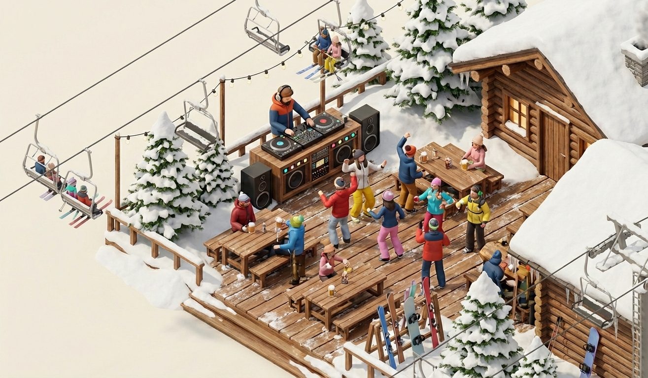 3D-Miniatur-Illustration einer Après-Ski-Party mit DJ, tanzenden Gästen auf einer Hüttenterrasse und einem Sessellift vor cremefarbenem Hintergrund.