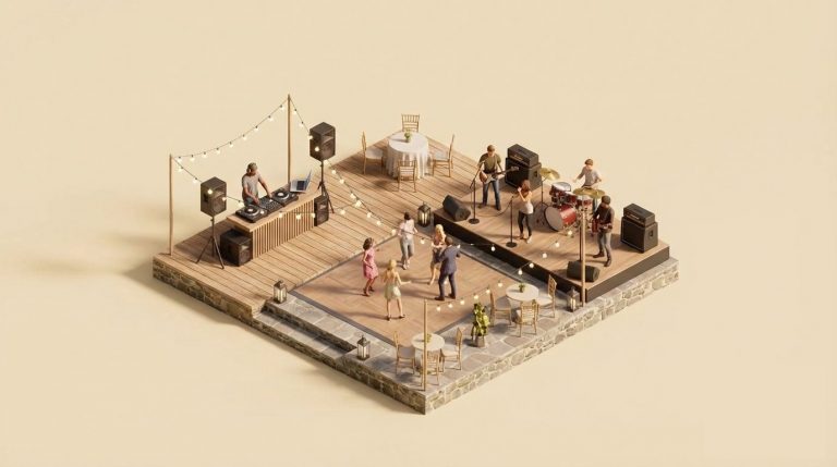 3D-Miniaturmodell einer Party-Location aus der Vogelperspektive mit einem DJ auf der einen und einer Live-Band auf der anderen Seite einer Tanzfläche vor neutralem Hintergrund.
