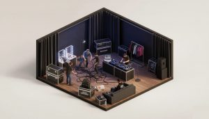 3D-Isometrie-Miniatur eines Backstage-Bereichs mit DJs, Technikern beim Kabelsortieren und Musikequipment in einem cremefarbenen Diorama-Set.