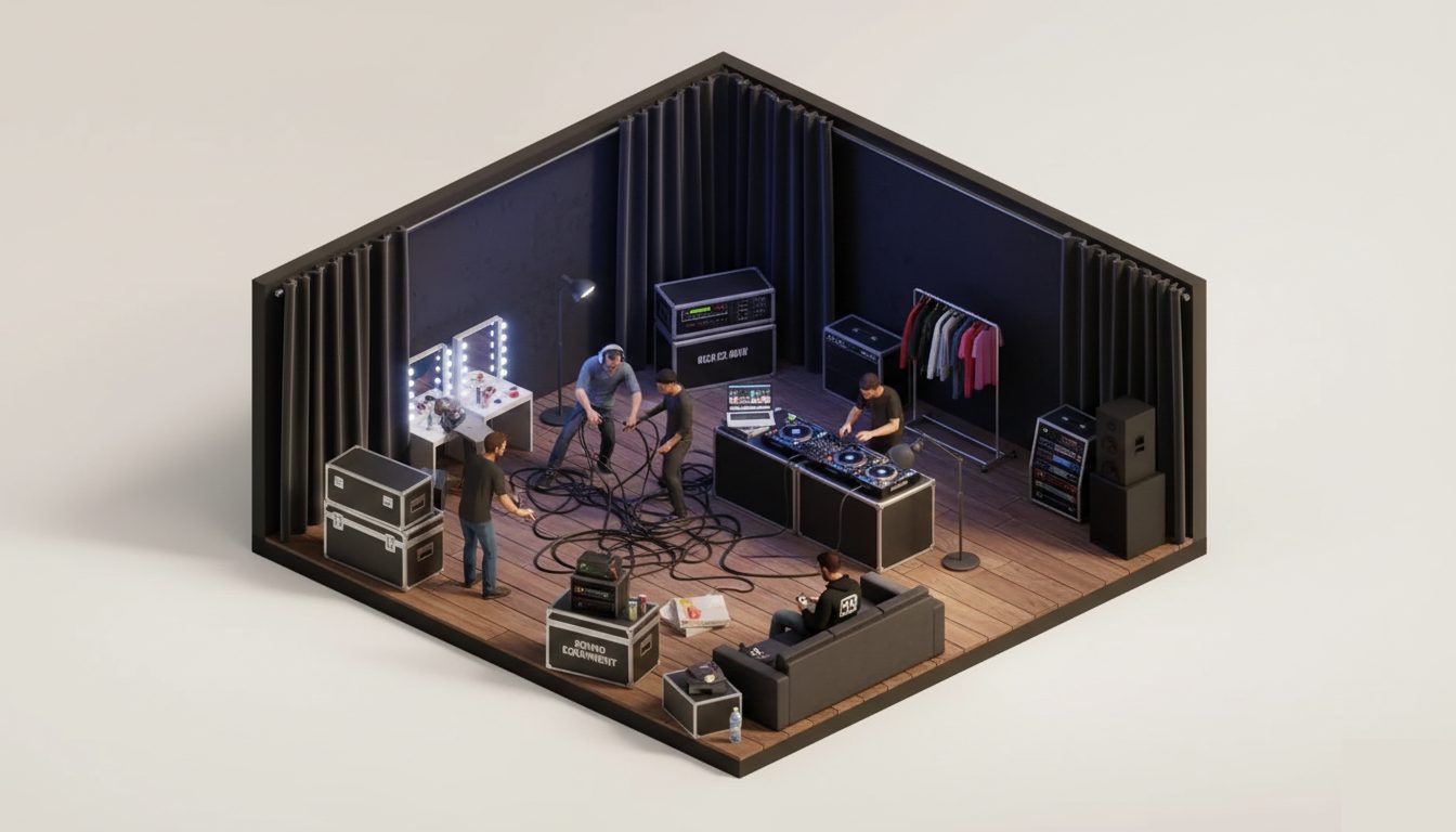 3D-Isometrie-Miniatur eines Backstage-Bereichs mit DJs, Technikern beim Kabelsortieren und Musikequipment in einem cremefarbenen Diorama-Set.